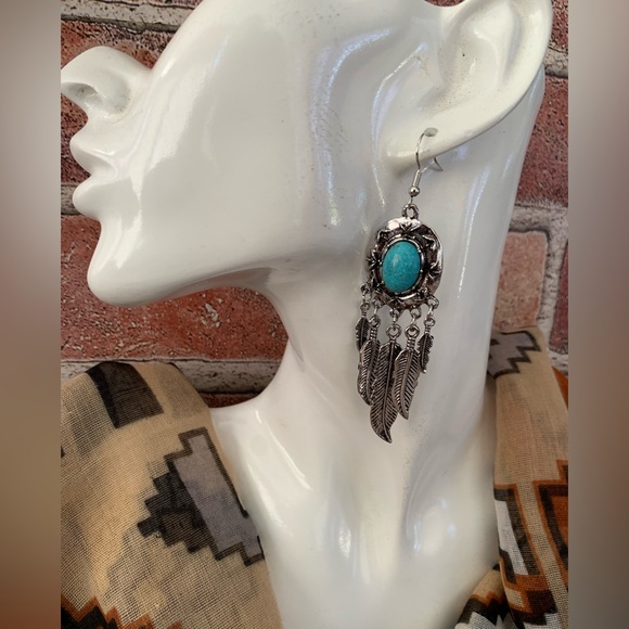 Silver and Turquoise Feather Dangle Earrings - Picture 2 of 3